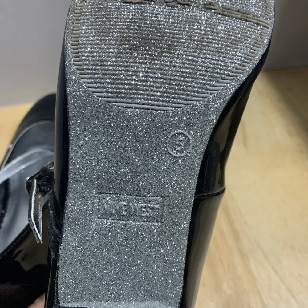 Nine West Heels Dreas Shoes Girls Sz 5M Black Patten Mary Jane Sparkle Glitter‎